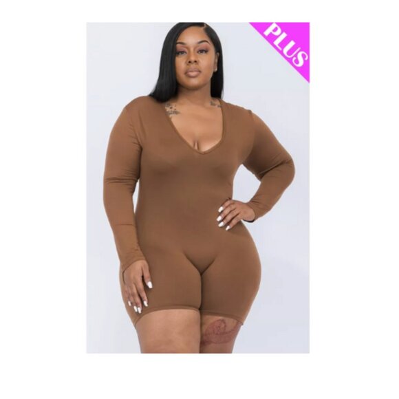 Women’s Plus Size V-Neck Bodycon Romper, Long Sleeve Soft and Stretchy Size 1XL - Picture 1 of 3